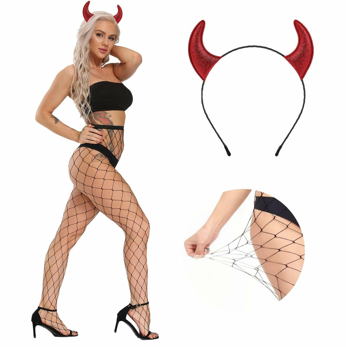 Voiiake Red Devil Horns Headband & Fishnet Thigh High Stockings Set