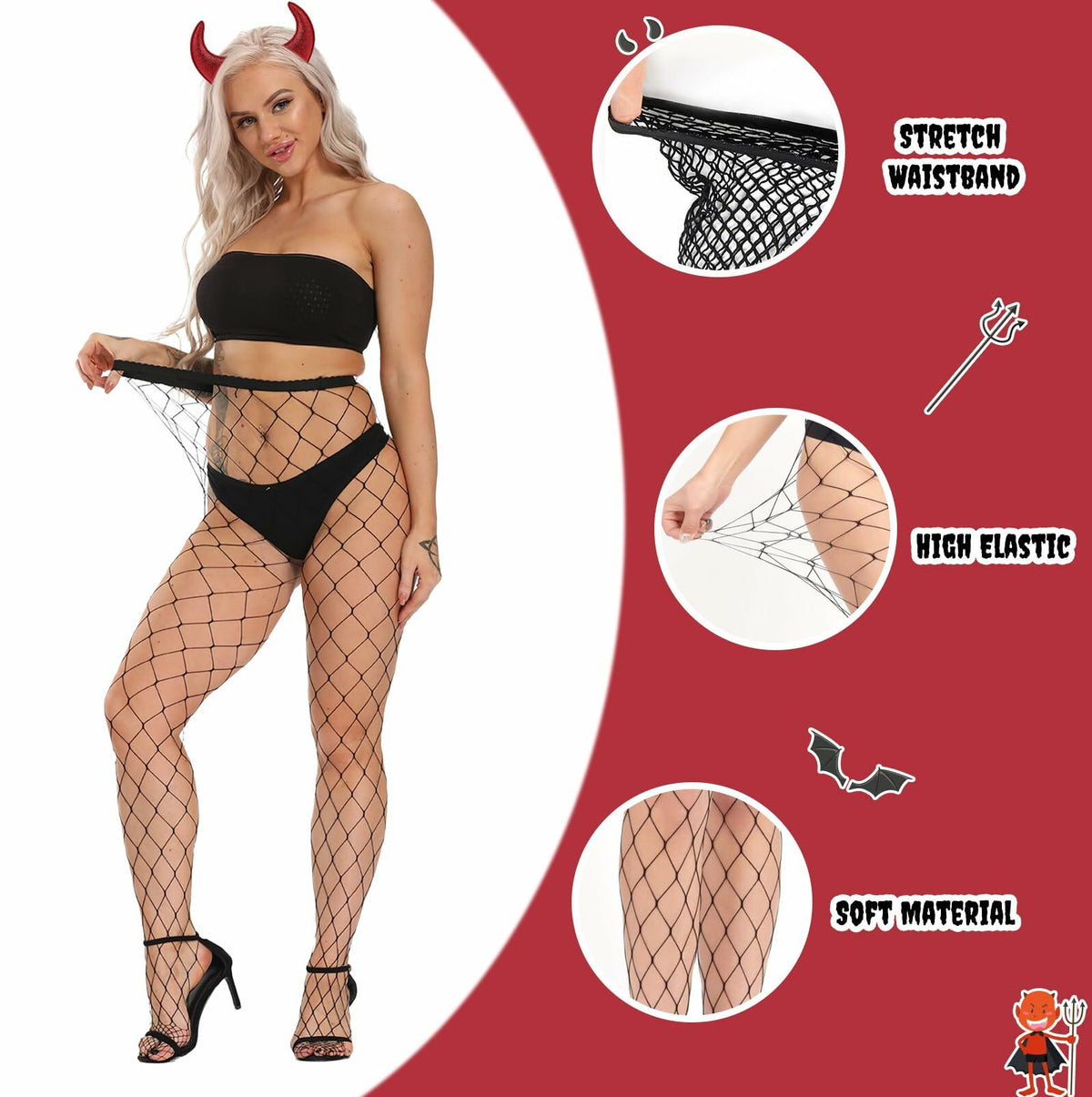 Voiiake Red Devil Horns Headband & Fishnet Thigh High Stockings Set