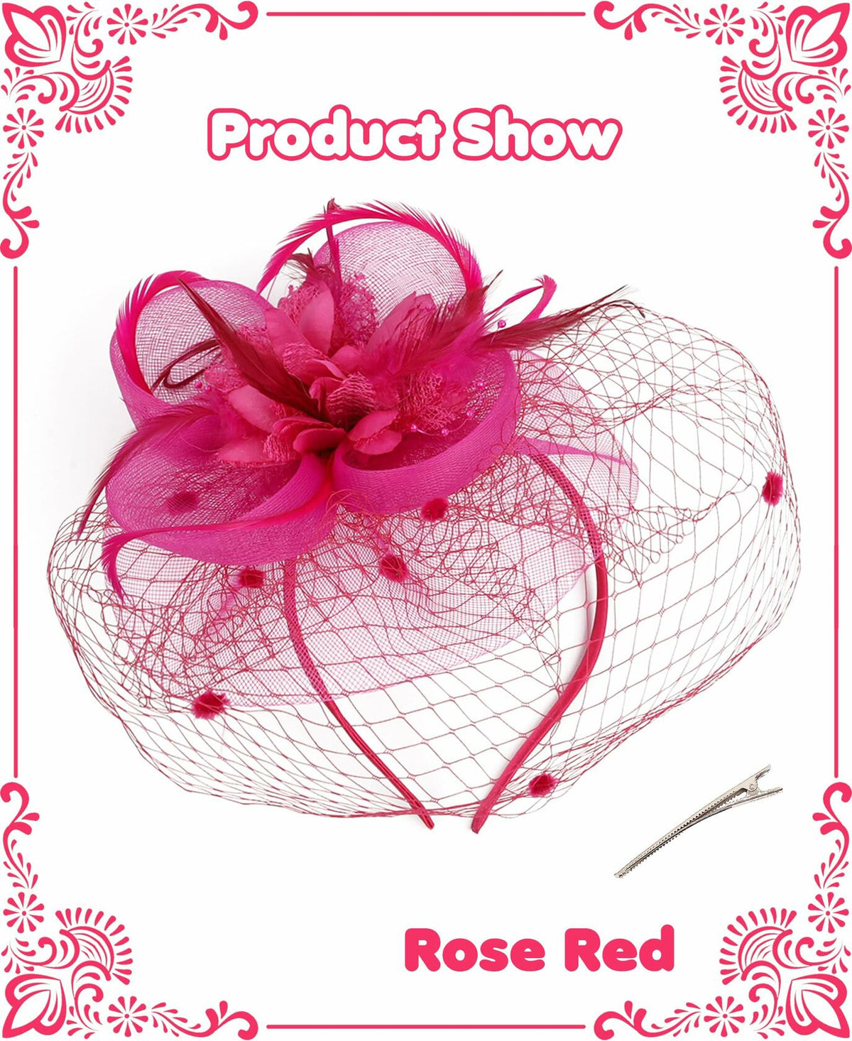 Kidukso Fascinators Hat Vintage 1923s Derby Mesh Veil Feathers Rose Red