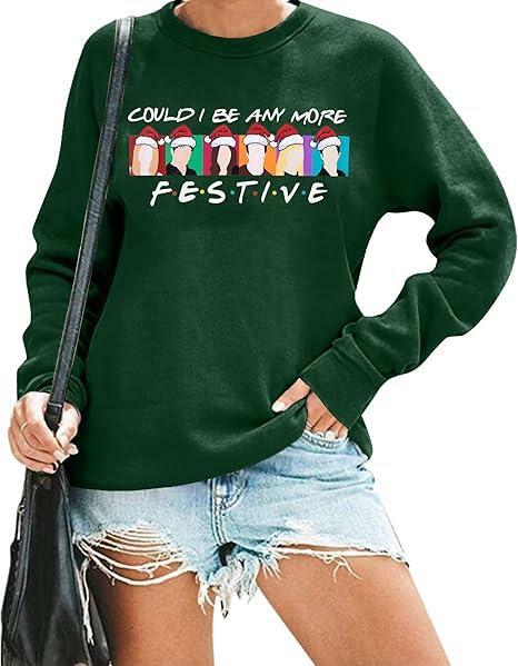 FASHGL Christmas Friends Sweatshirt Women Long Sleeve Green, XL