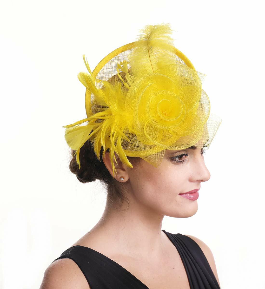 SAFERIN Fascinator Hair Clip Bowler Feather Flower Veil Wedding Hat Yellow