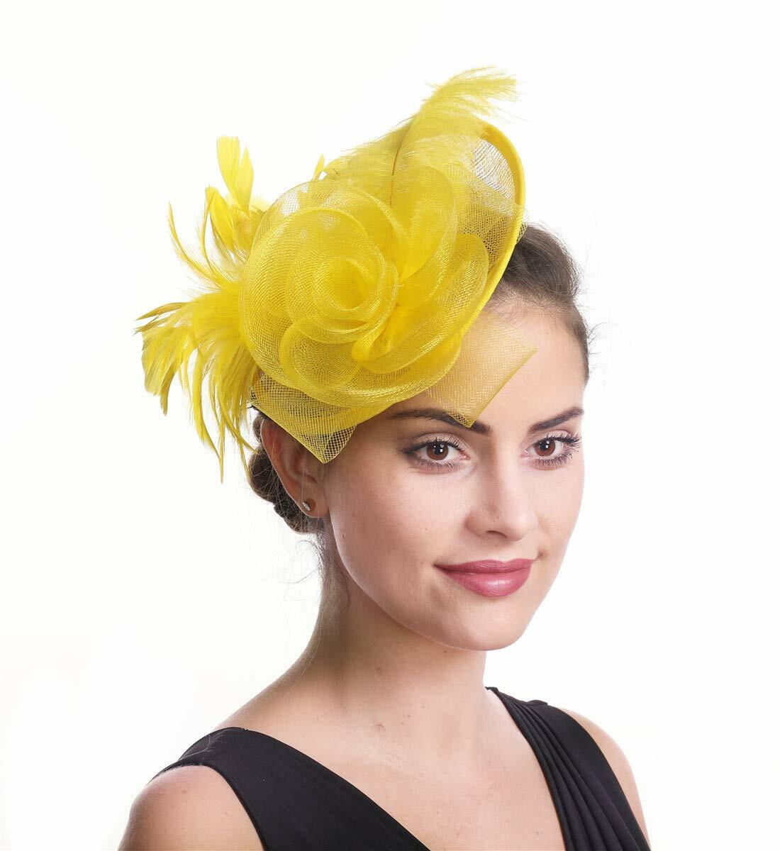 SAFERIN Fascinator Hair Clip Bowler Feather Flower Veil Wedding Hat Yellow