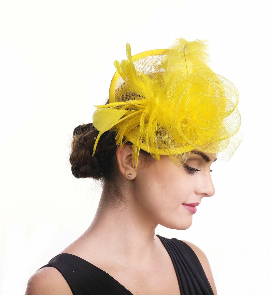 SAFERIN Fascinator Hair Clip Bowler Feather Flower Veil Wedding Hat Yellow
