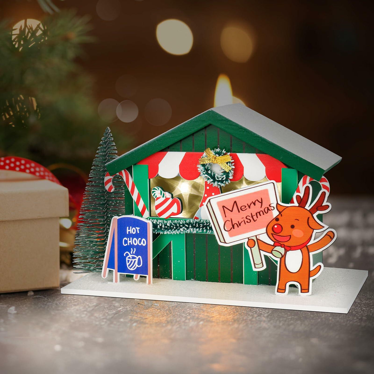 Zqoyn LED Lighted Christmas Village House Decor Set with Deer Indoor Table Decor
