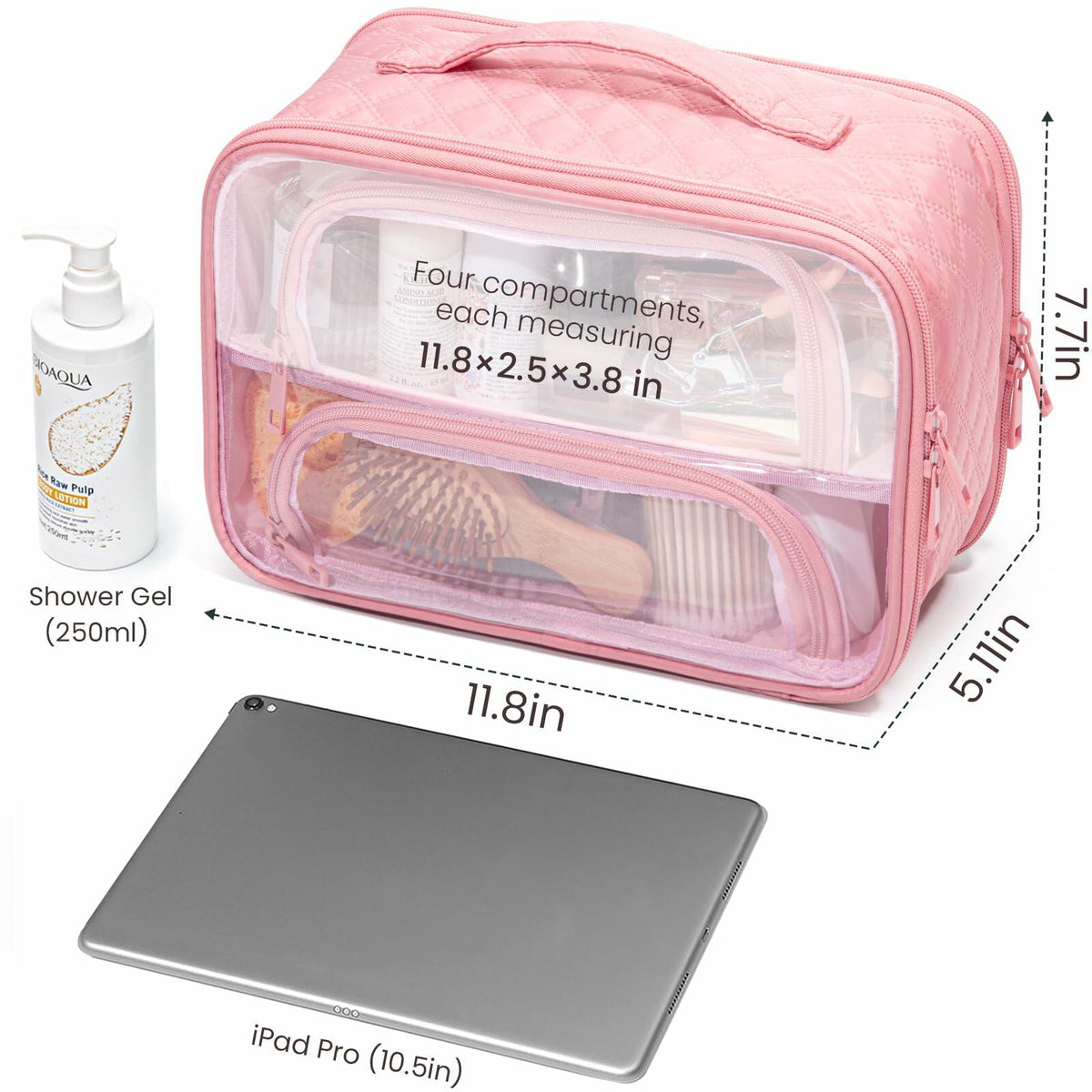 FUNSEED Clear Travel Toiletry Bag Large Organizer Pink Multiple Compartments