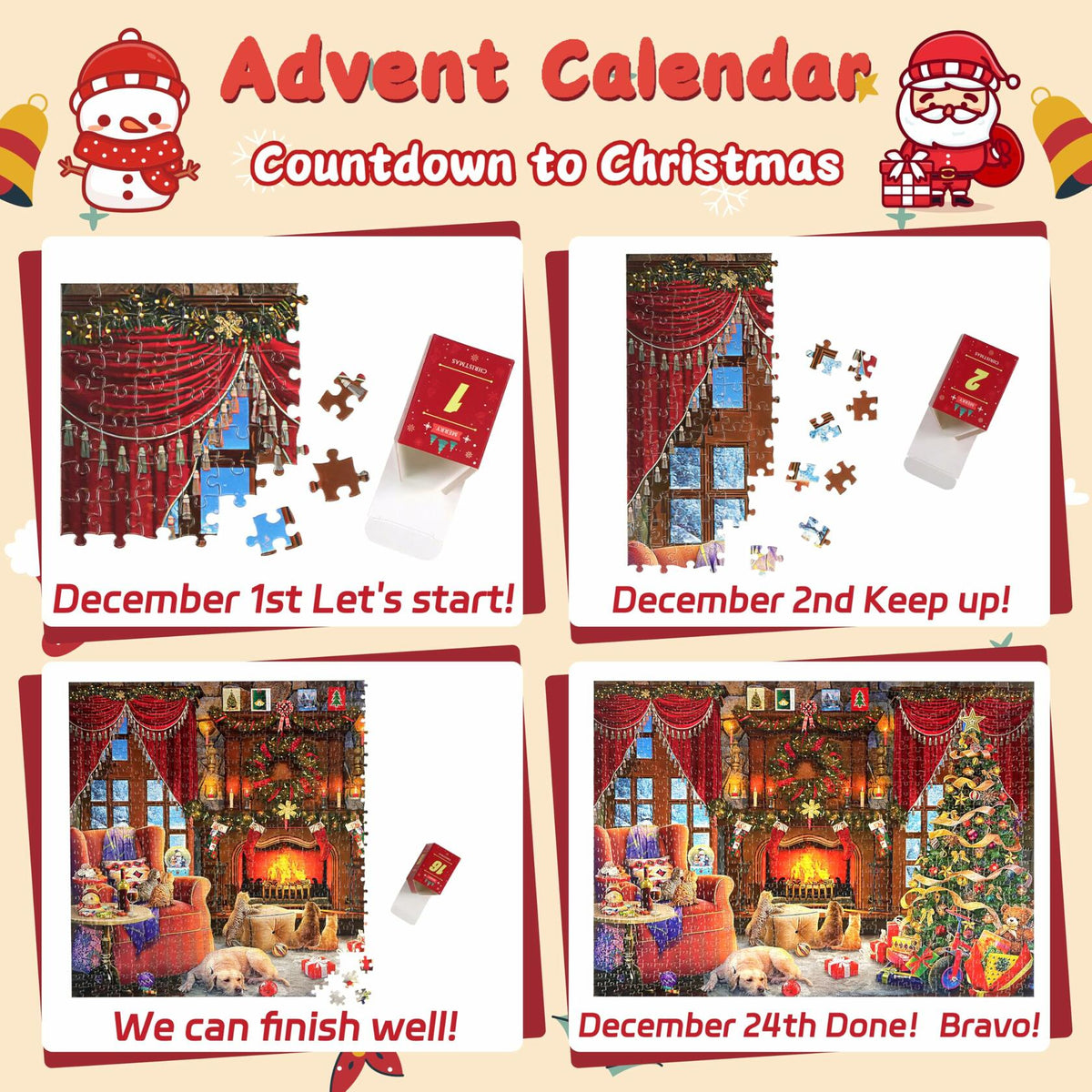 Christmas Puzzle Advent Calendar 2025 Fireplace 1008 Pieces 24 Parts