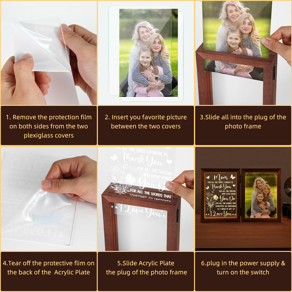 Mom Gifts 5x7 Picture Frame Night Light Table Lamp Warm Words