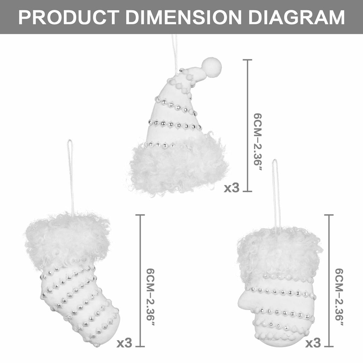 RoseCraft Christmas Ornaments 9PCS Socks Hat Tree Decor White Silver