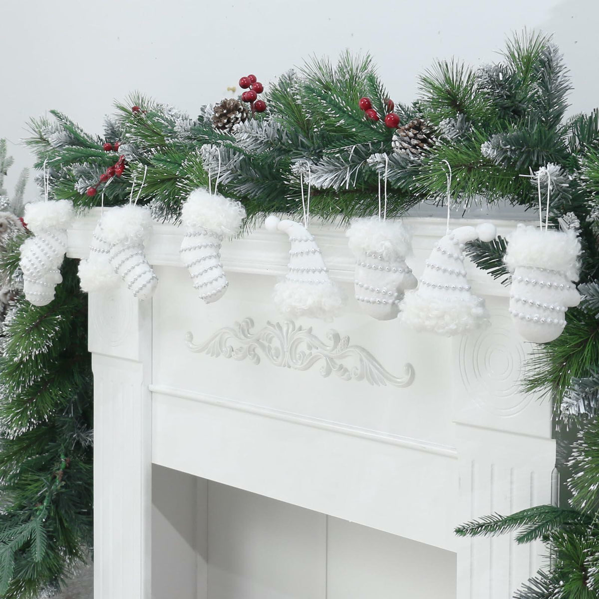RoseCraft Christmas Ornaments 9PCS Socks Hat Tree Decor White Silver