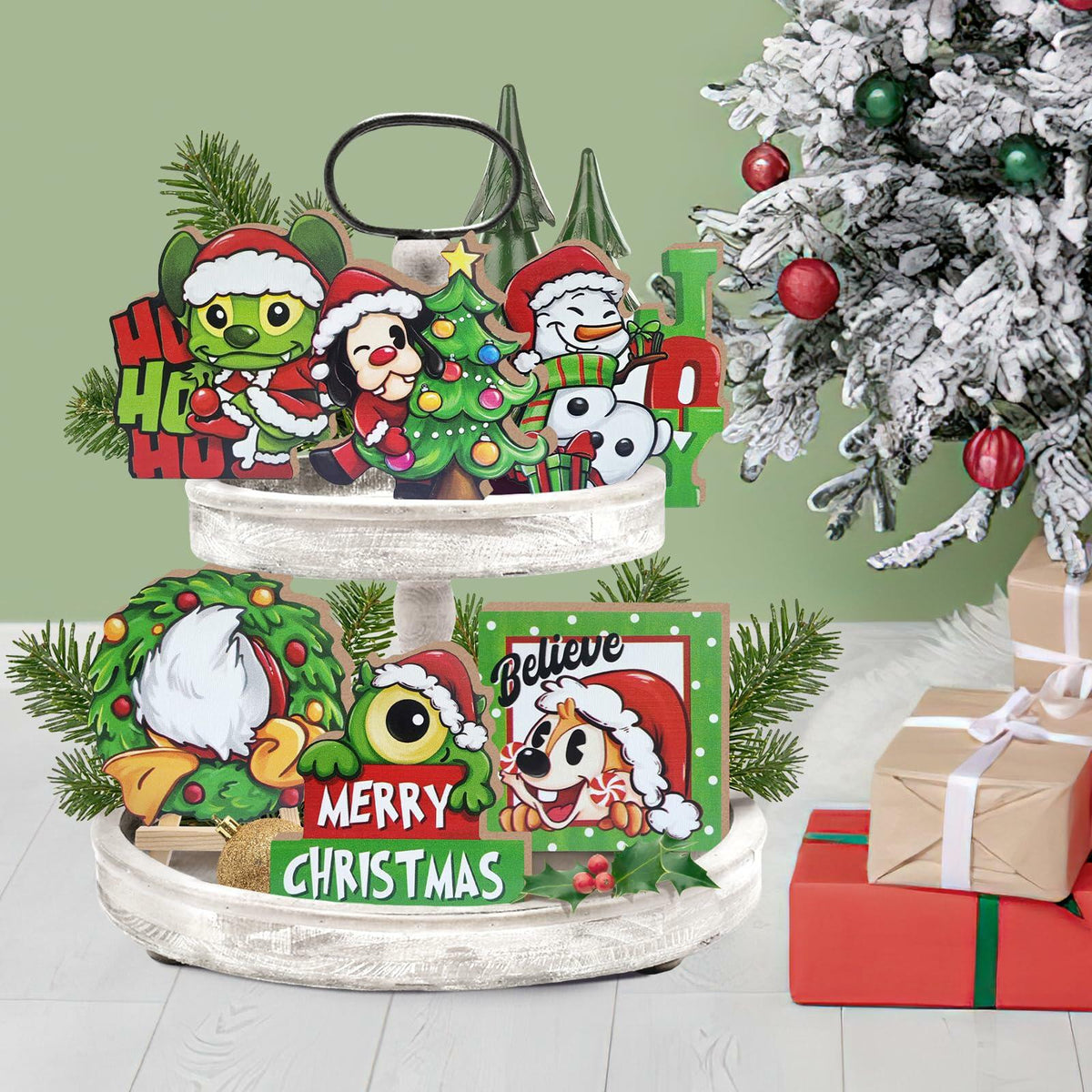 Uruney Merry Christmas Snowman Tiered Tray Decor Green 1 Count