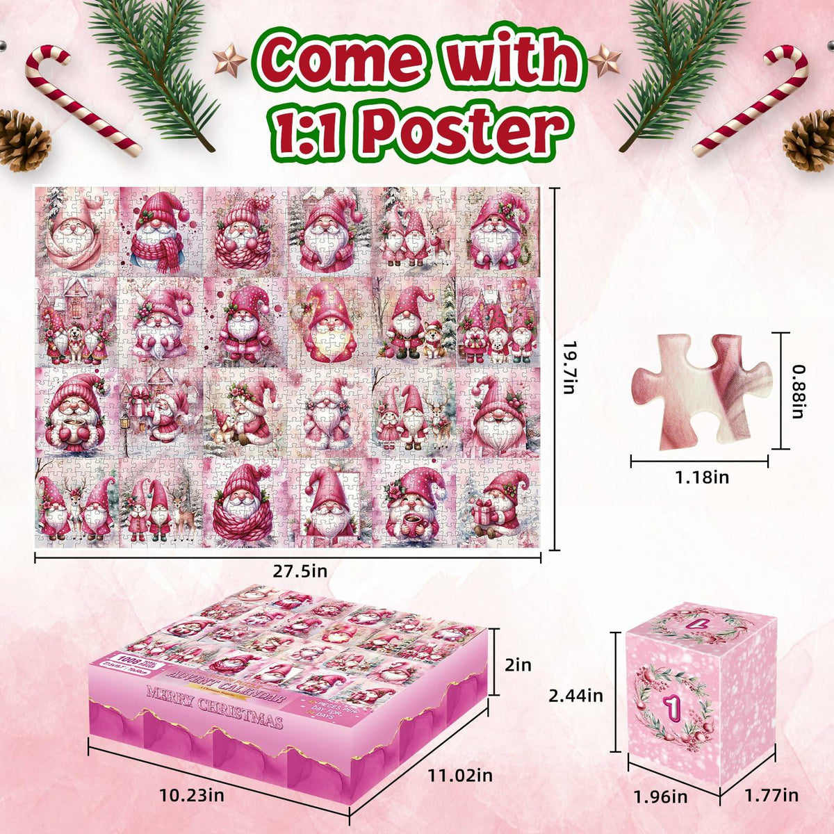 1008 Pc Pink Gnome Advent Calendar Puzzle 2025 24-Day Countdown