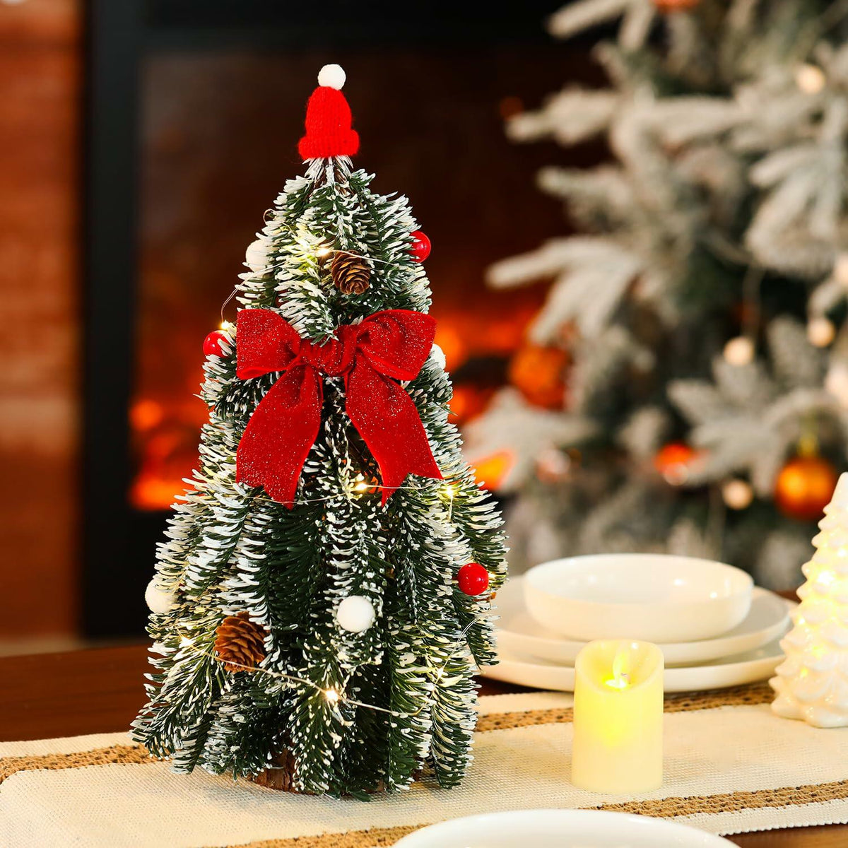 HOMCDALY 16in LED Tabletop Christmas Tree with Red Bowtie Indoor Decor