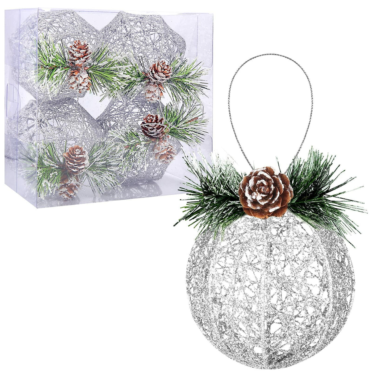 Christmas Ball Ornaments 4pc Silver Pinecone Rattan Thread String Decor