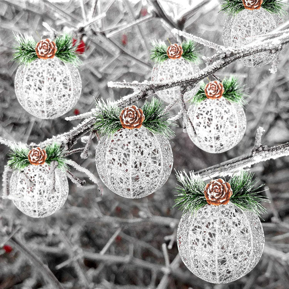 Christmas Ball Ornaments 4pc Silver Pinecone Rattan Thread String Decor