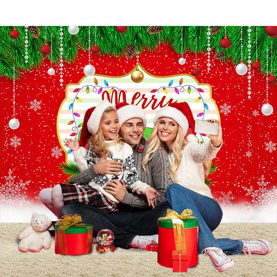 Merry Christmas Backdrop Red Green Balls Leaves Party Decoration 7x5Ft