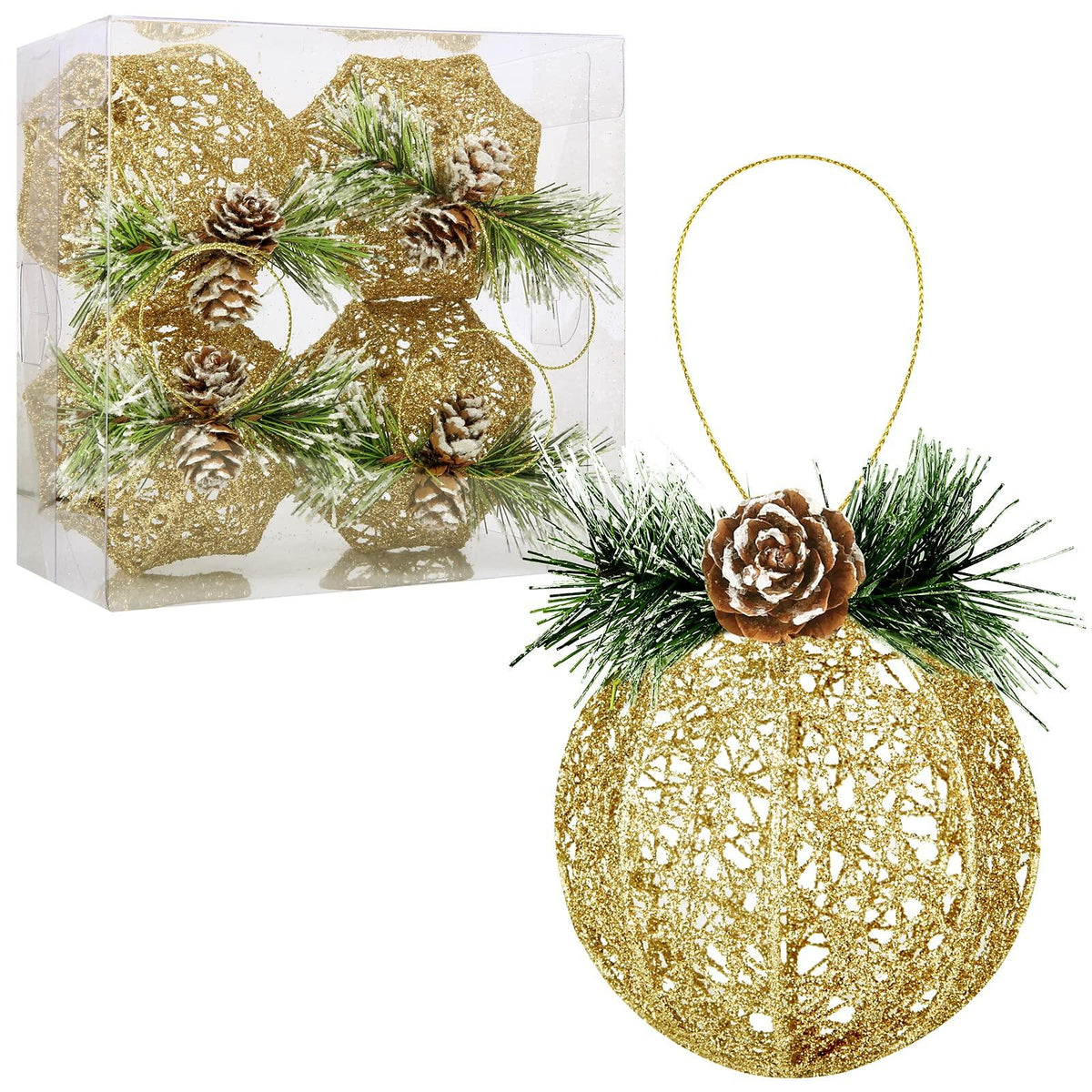 Christmas Ball Ornaments 4pc Set Champagne Pinecone Rattan String Decor