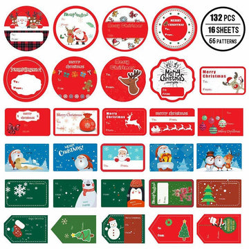132 PCS Christmas Tags Stickers Santa Snowmen Xmas Tree Deer Labels