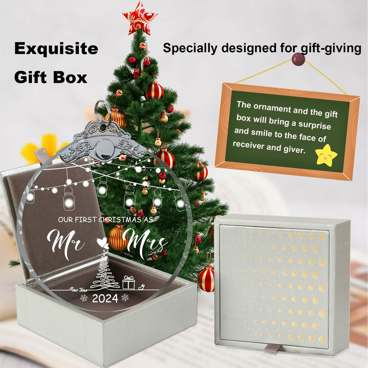 Unique 2024 Crystal Glass Wedding Ornament Mr and Mrs Gift for Couples