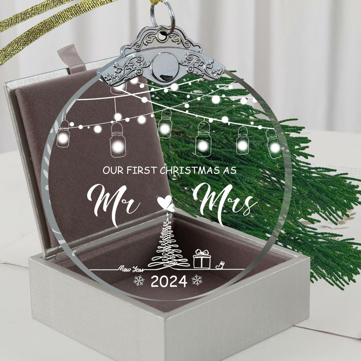 Unique 2024 Crystal Glass Wedding Ornament Mr and Mrs Gift for Couples