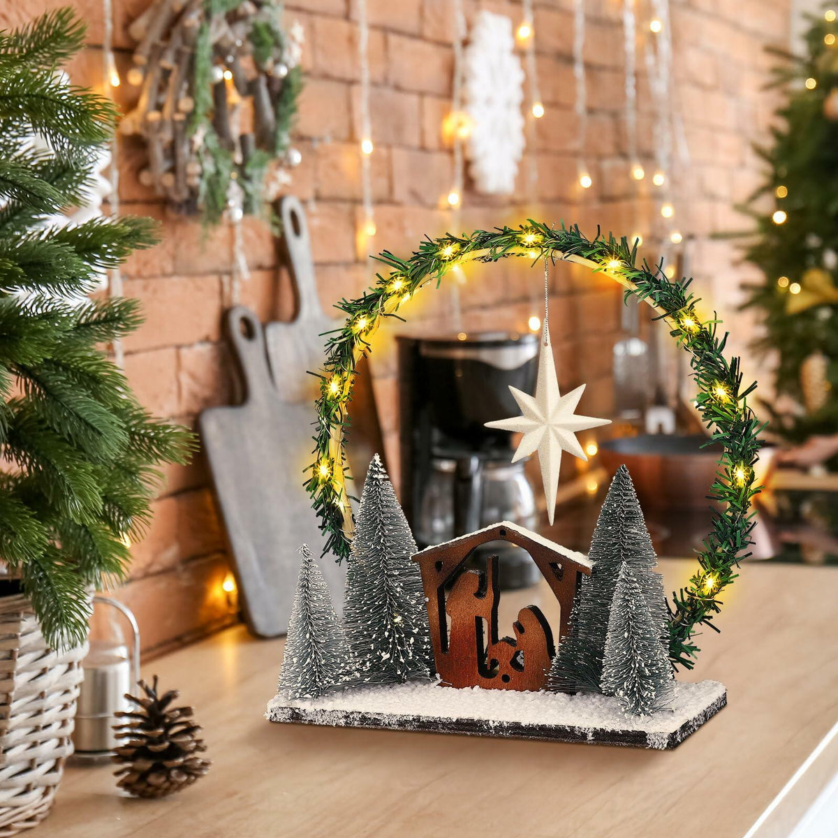 Cinnvoice LED Wooden Nativity Set Christmas Decoration Indoor Tabletop Display