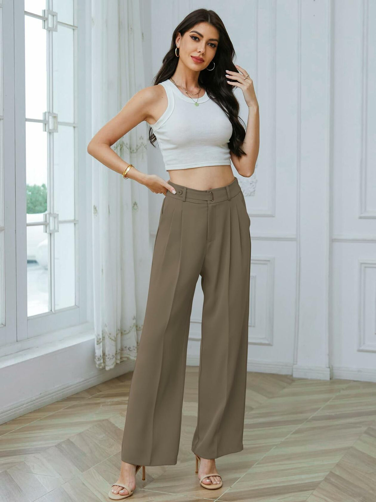 Betusline Womens Business Casual Wide Leg Long Dress Pants Brown Size Small