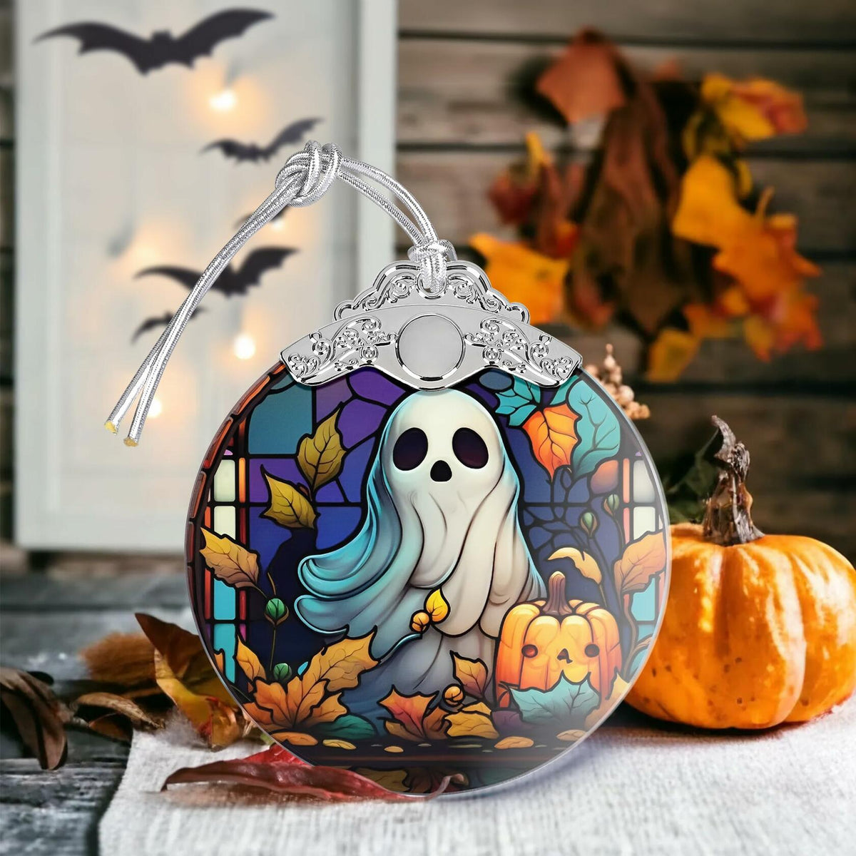Christmas Ornament Stained Glass Ghost with Pumpkin Holiday Decoration