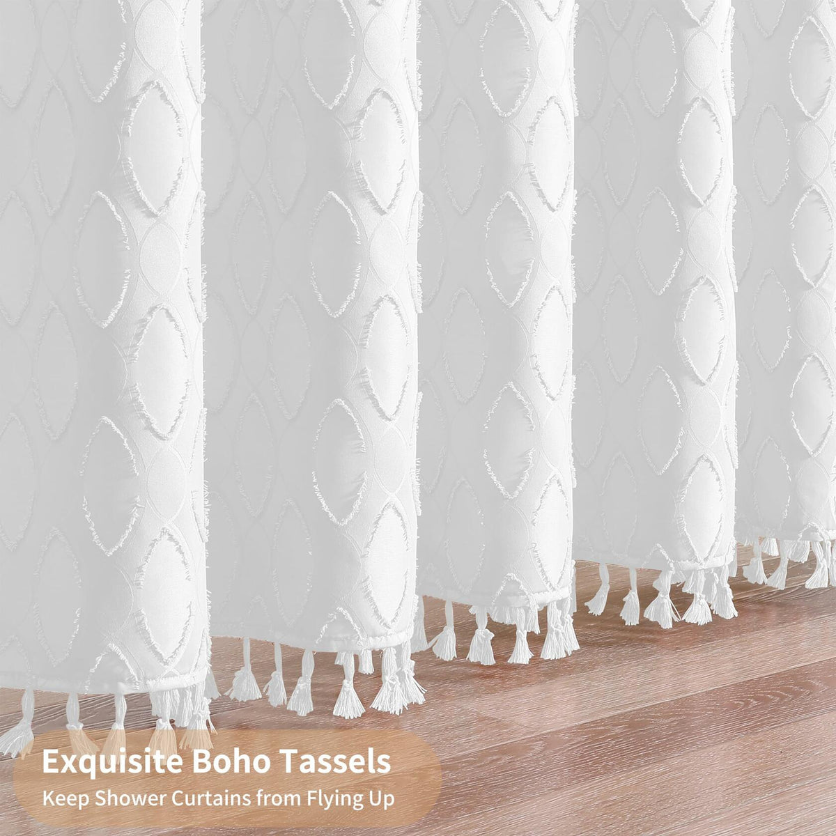 QiyI White Small Stall Shower Curtain Tassel Tufted Geometric 36x72 Inch