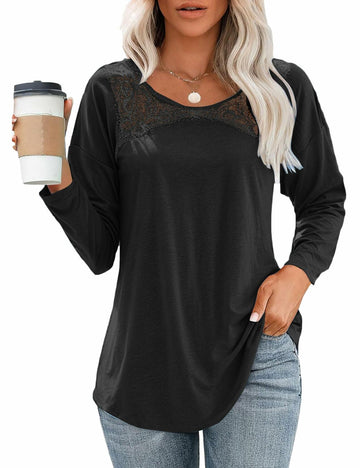 Uincloset Women's Long Sleeve Lace Crochet Tunic Blouse Black Size Small