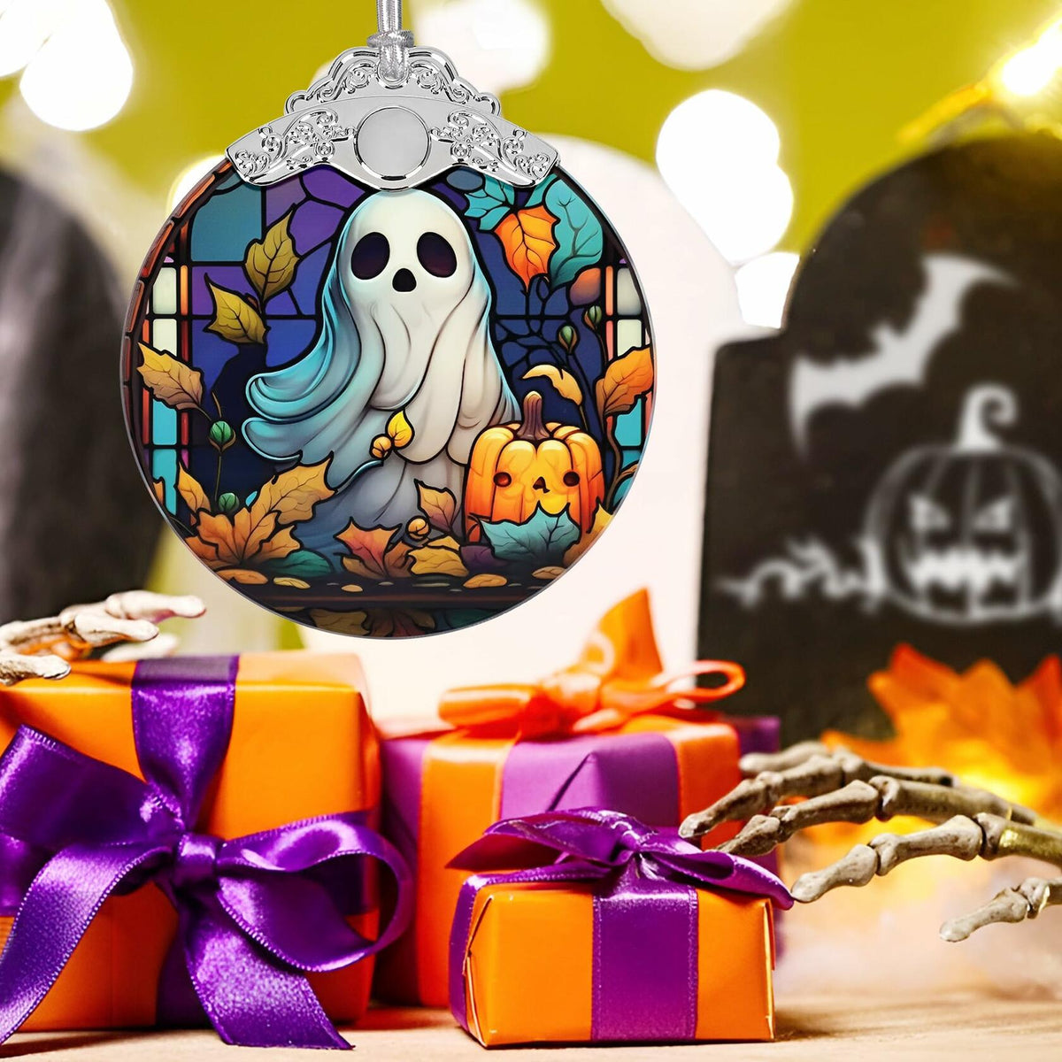 Christmas Ornament Stained Glass Ghost with Pumpkin Holiday Decoration