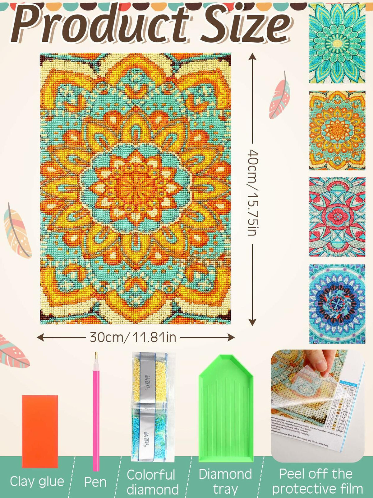 Tioncy 4 Pcs Diamond Painting Kits 11.8x15.8in Mandala Flower Wall Art
