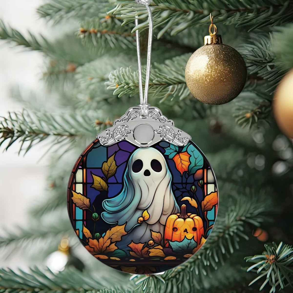 Christmas Ornament Stained Glass Ghost with Pumpkin Holiday Decoration