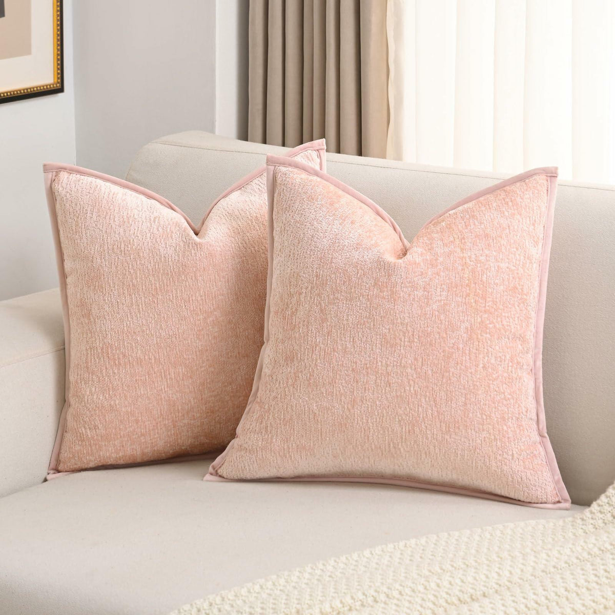 FUTEI Pink Chenille Throw Pillow Covers 22x22 Inch Set of 2 Soft Cozy Edge