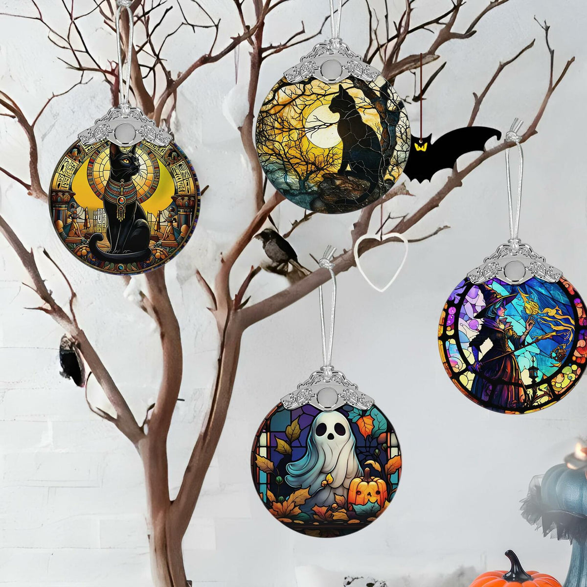 Christmas Ornament Stained Glass Ghost with Pumpkin Holiday Decoration