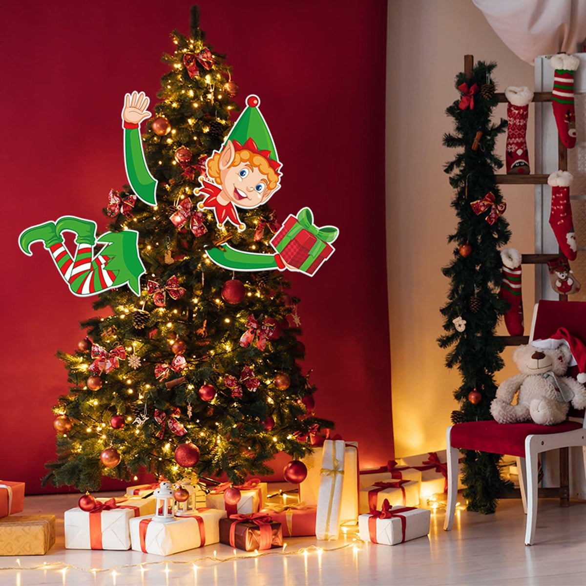 Lonfliness Elf Christmas Tree Topper 4pcs Xmas Holiday Decor Set