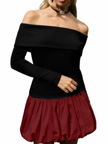 GEMEIQ Women's Sexy Off Shoulder Long Sleeve Party Mini Dress Wine Red Size M