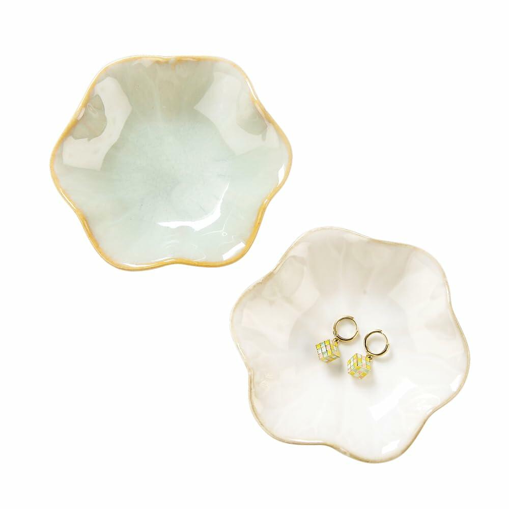 2PCS Lotus Leaf Ring Holder Dish Ceramic Trinket Tray White Light Green