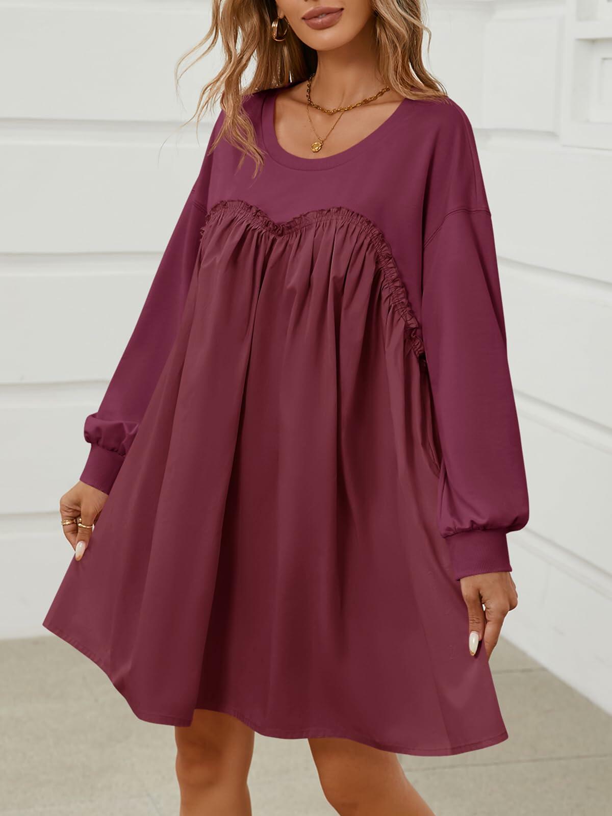 Wenrine Womens Long Sleeve Sweatshirt Dress Patchwork Wine Red S