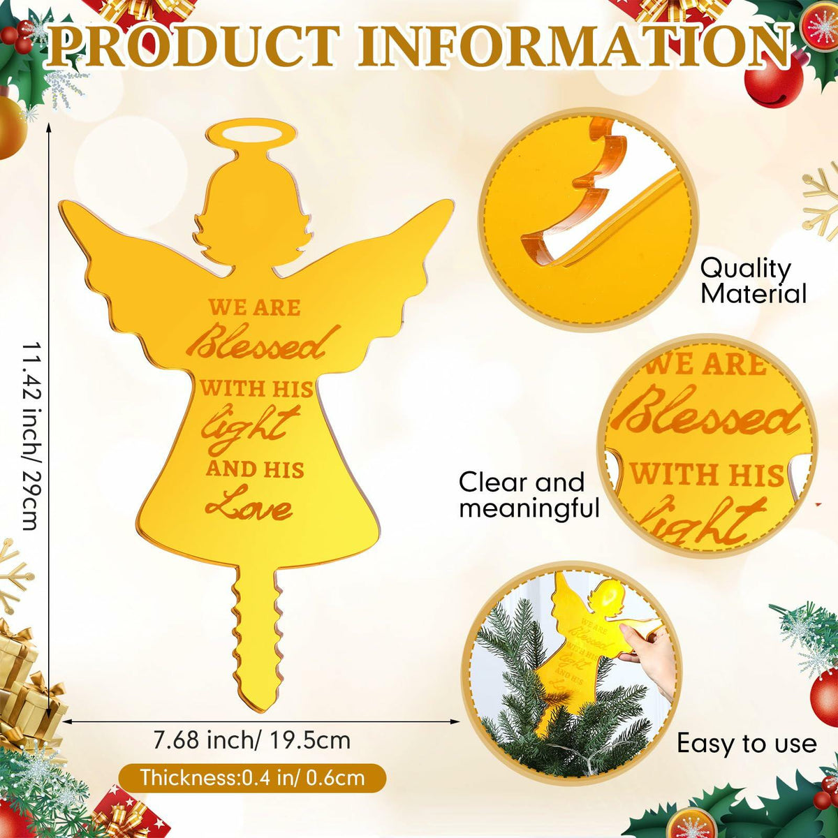 Gerrii Angel Christmas Tree Topper Praying Gold Acrylic Xmas Decor