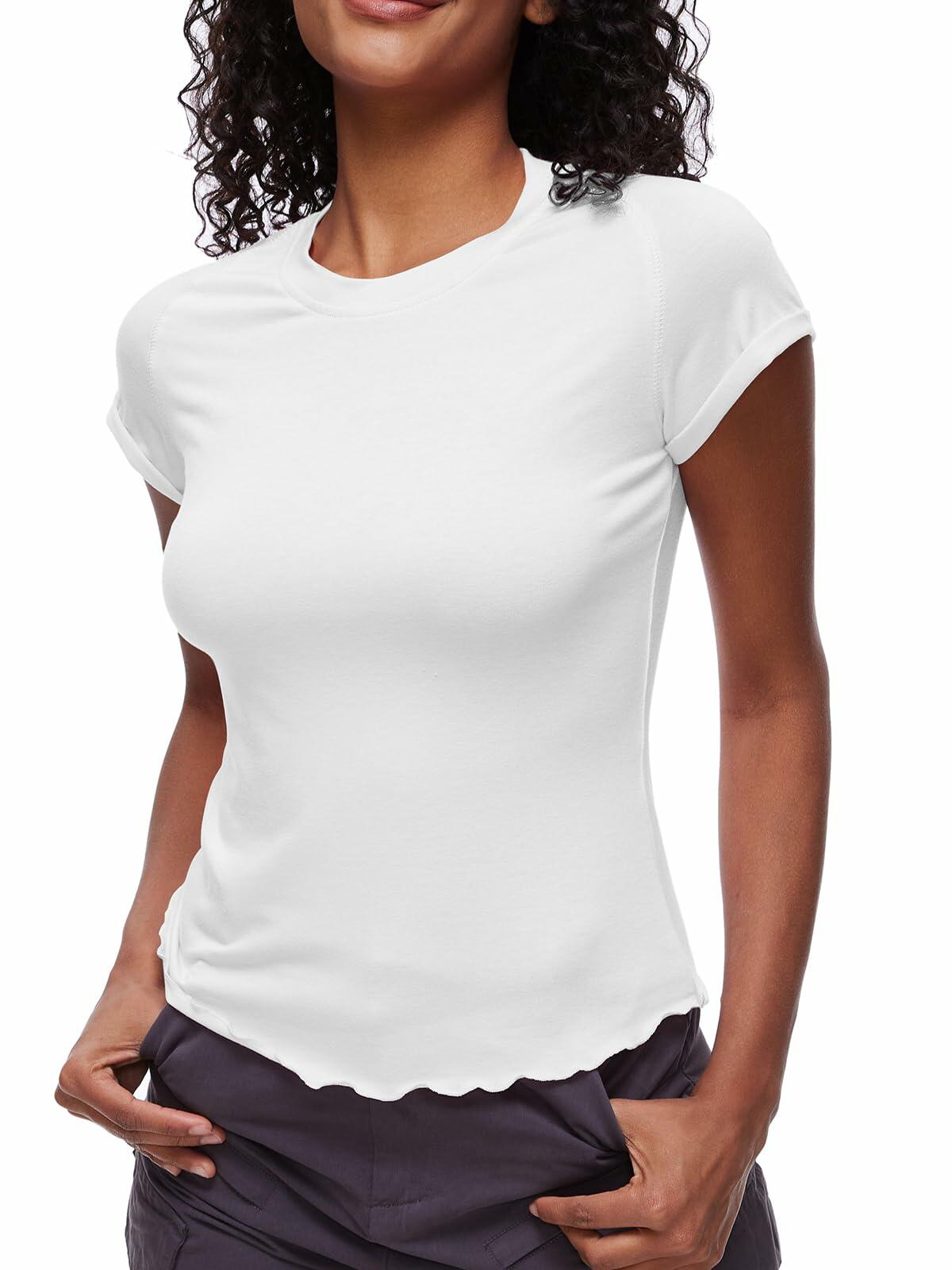 Women's Casual Crop Top T Shirt White Size L Summer Short Sleeve Crewneck