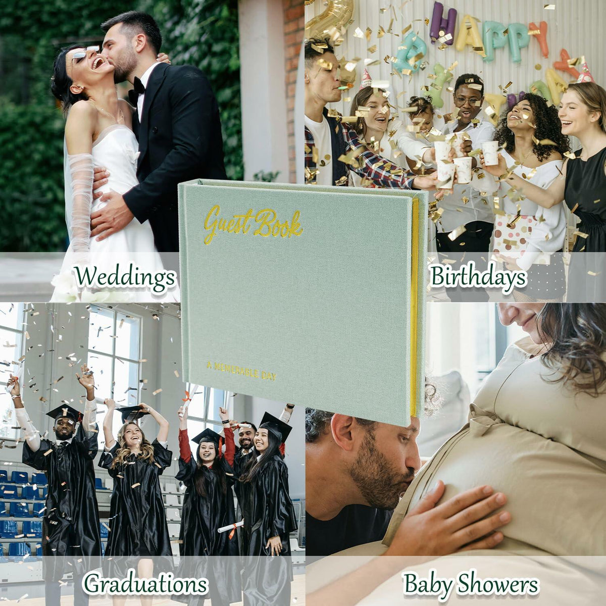 4 in 1 Wedding Guest Book Linen Cover with Pen, Sign Card & Stickers White