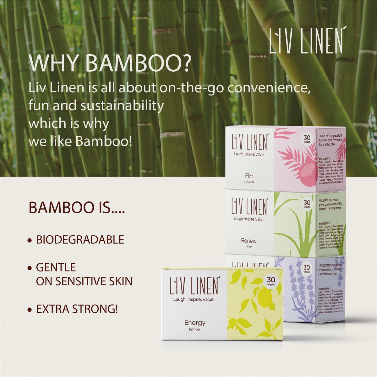 Liv Linen Bamboo Deodorant Wipes Lemon Scent 30 Count