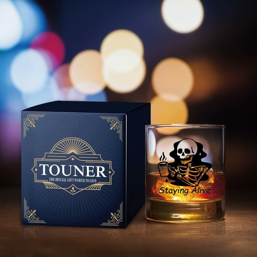TOUNER Staying Alive Skull Whiskey Glass Clear 10oz Halloween Barware