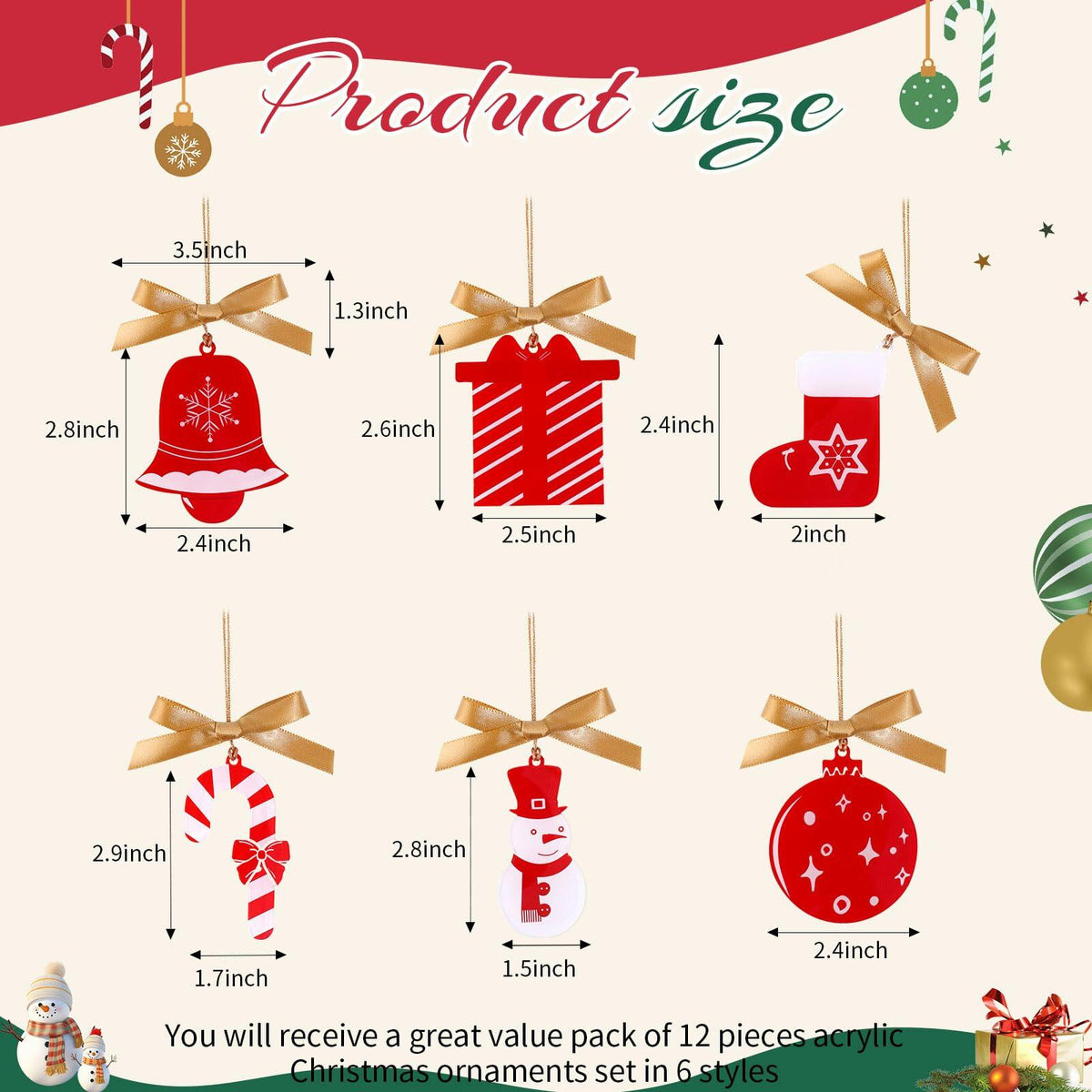 OAOLEER 12 Pack Acrylic Christmas Tree Ornaments Snowman Santa Crafts