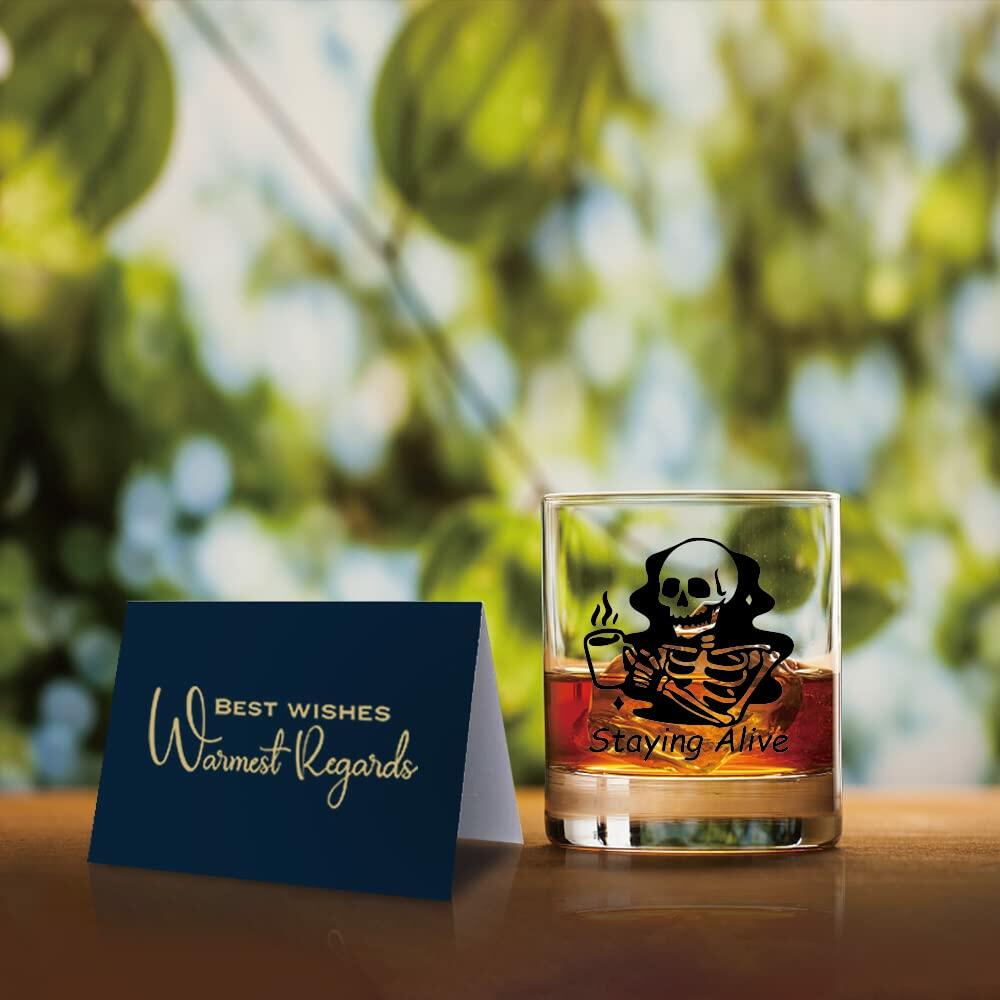 TOUNER Staying Alive Skull Whiskey Glass Clear 10oz Halloween Barware
