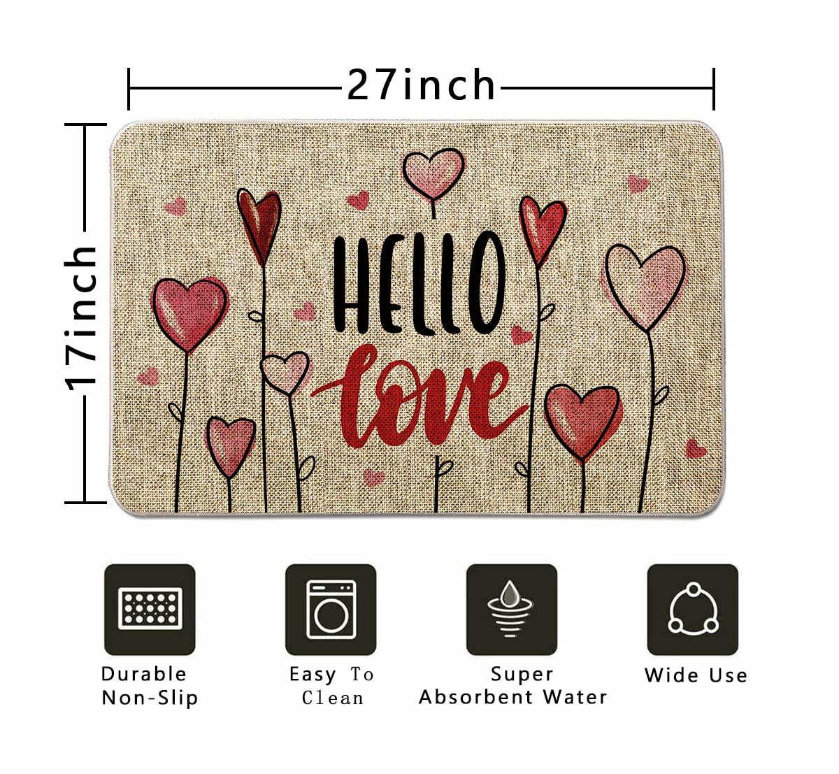 GAGEC Valentines Day Door Mat Hello Love Hearts Decorative 17x27 Inch
