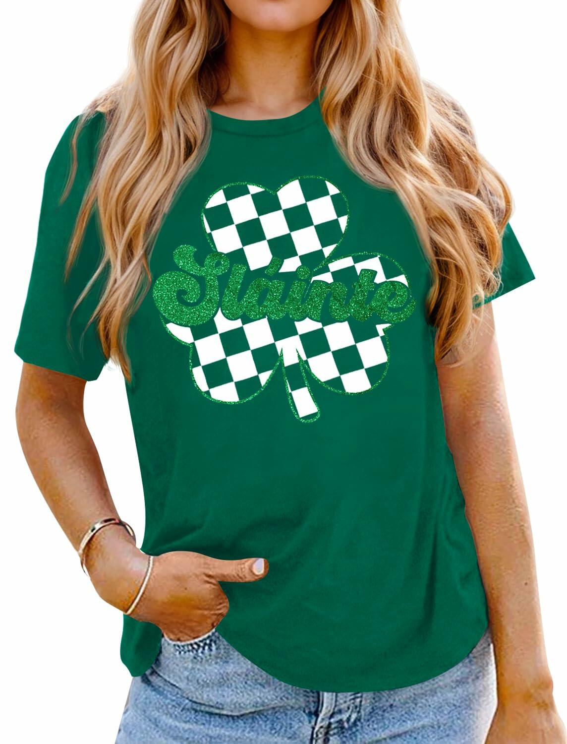 Women's St Patricks Holiday Loose Fit Irish Clover Glitter Crewneck Shirt XL