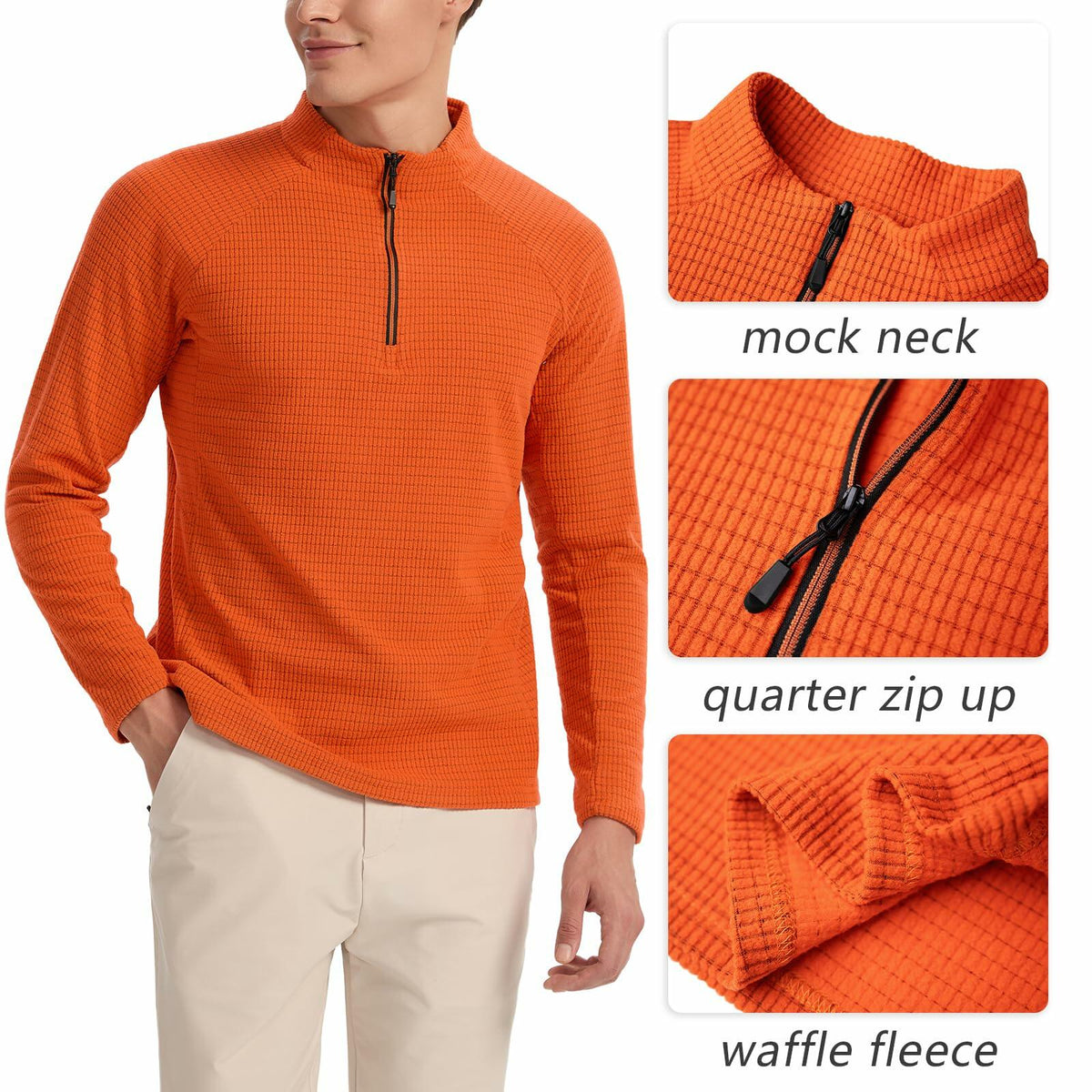 Men's Waffle Quarter Zip Pullover Shirt Mock Neck Sweatshirt Orange Size M