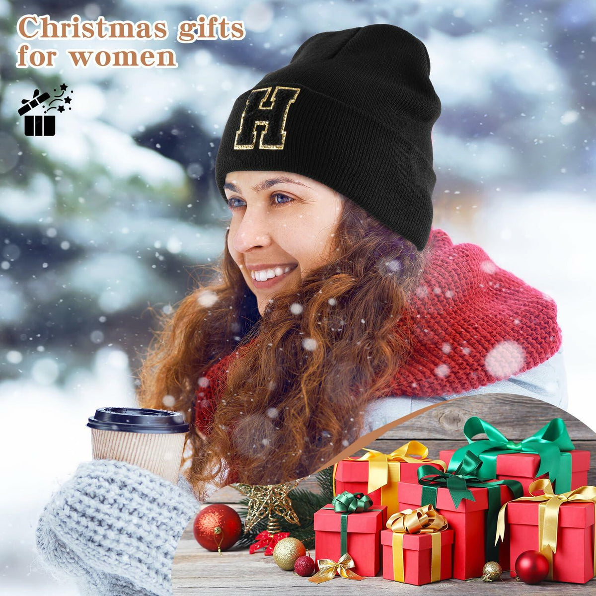 Lightbird Initials Beanie Winter Hat Black for Women Teens