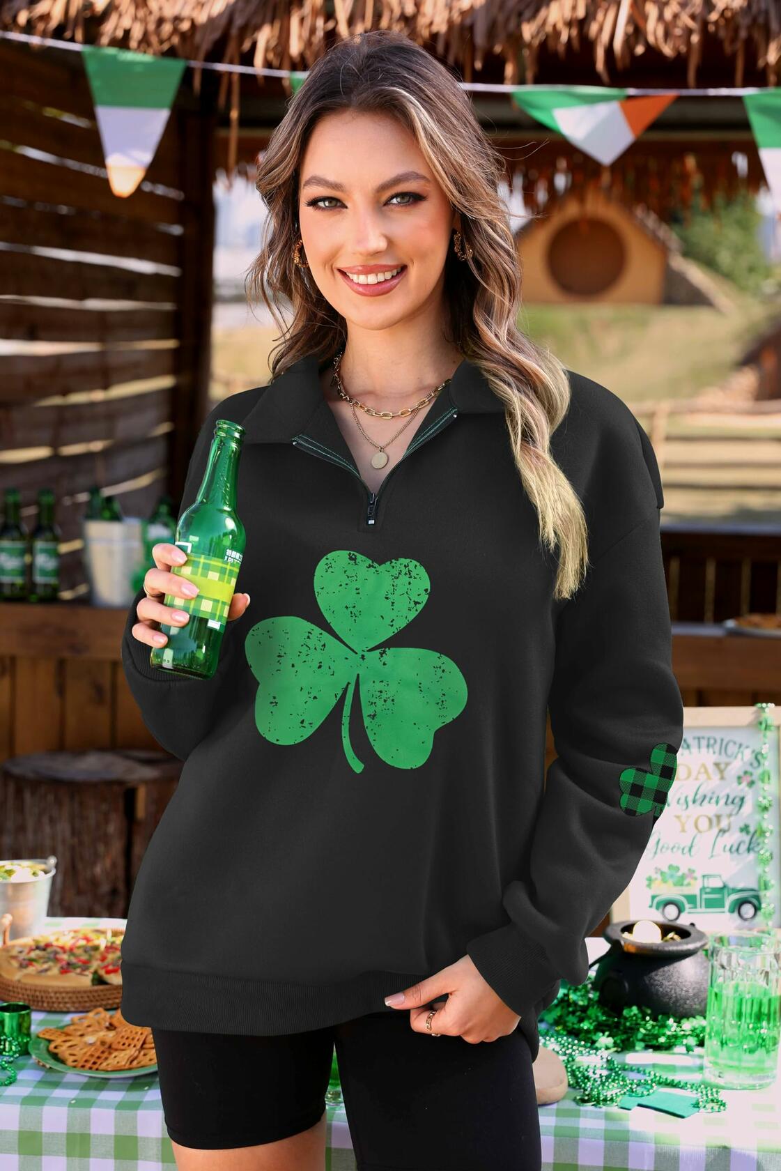 ALIREVERIE Womens St Patricks Clover Oversized Quarter Zipper Sweatshirt Size S