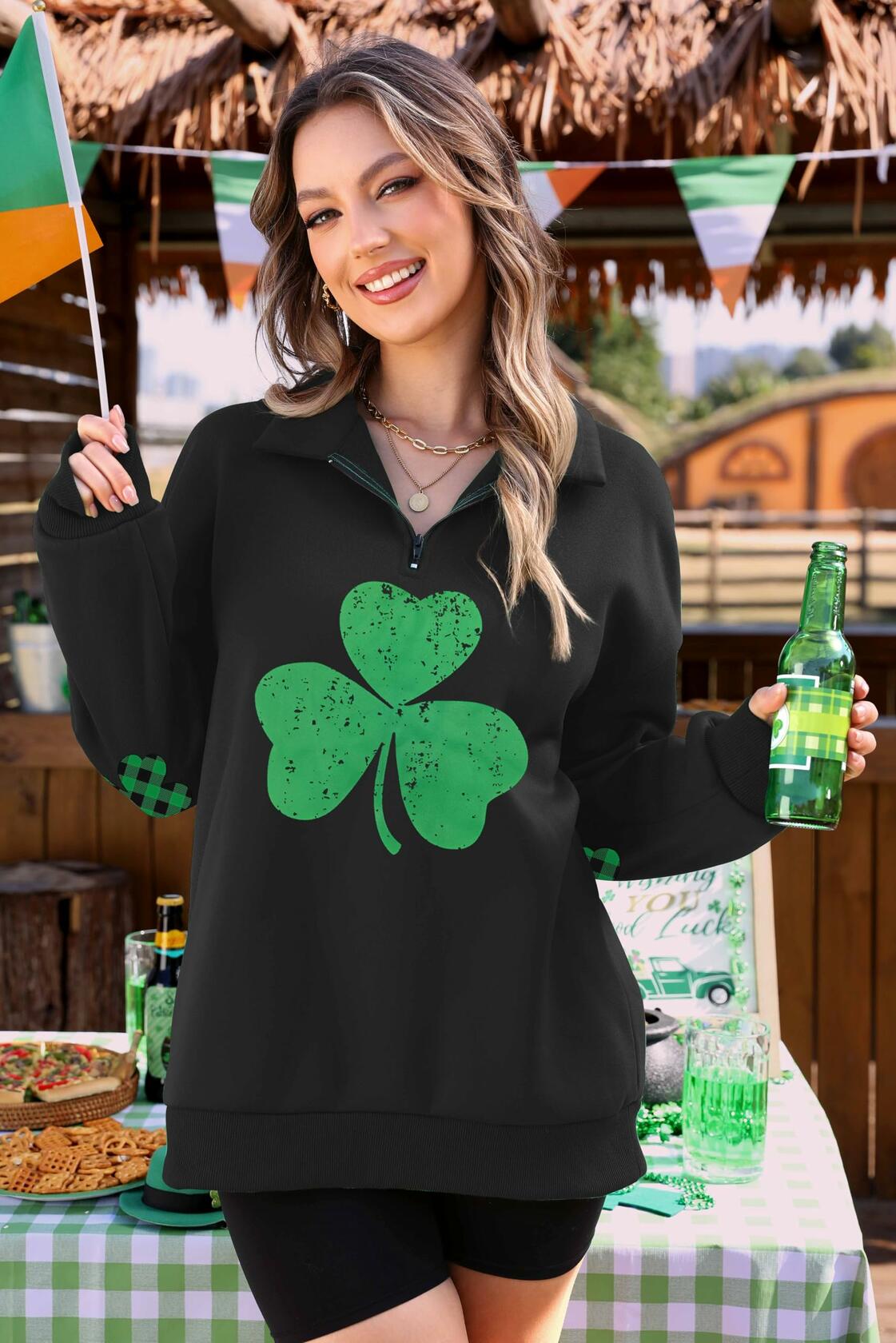 ALIREVERIE Womens St Patricks Clover Oversized Quarter Zipper Sweatshirt Size S